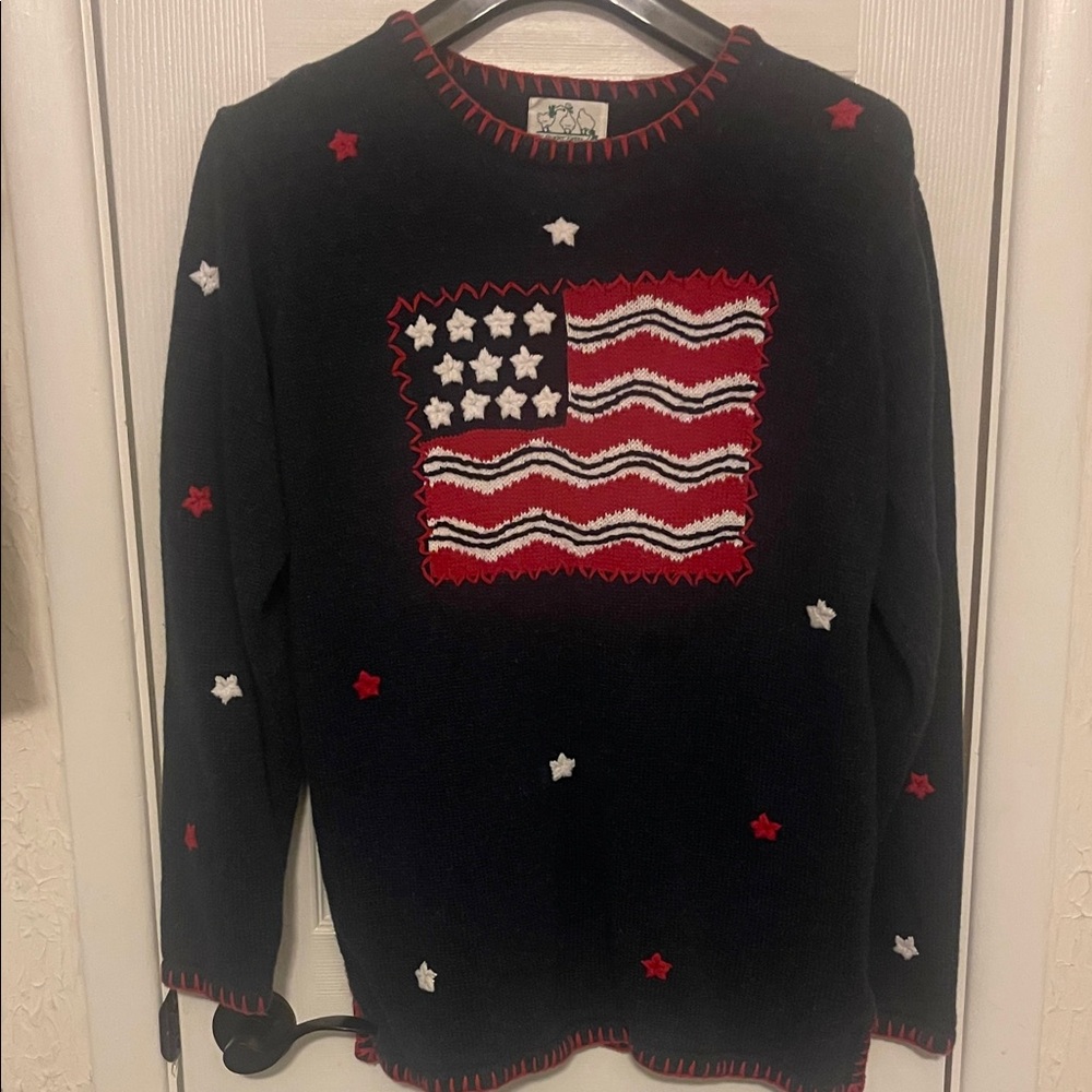 Quacker Factory Navy  Sweater with Flag Design Size Large Celebrate America